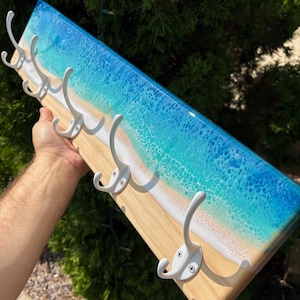 Epoxy Ocean Coat Rack – Handmade Beach Wall Hook Rack for Entryway or Bathroom White hooks