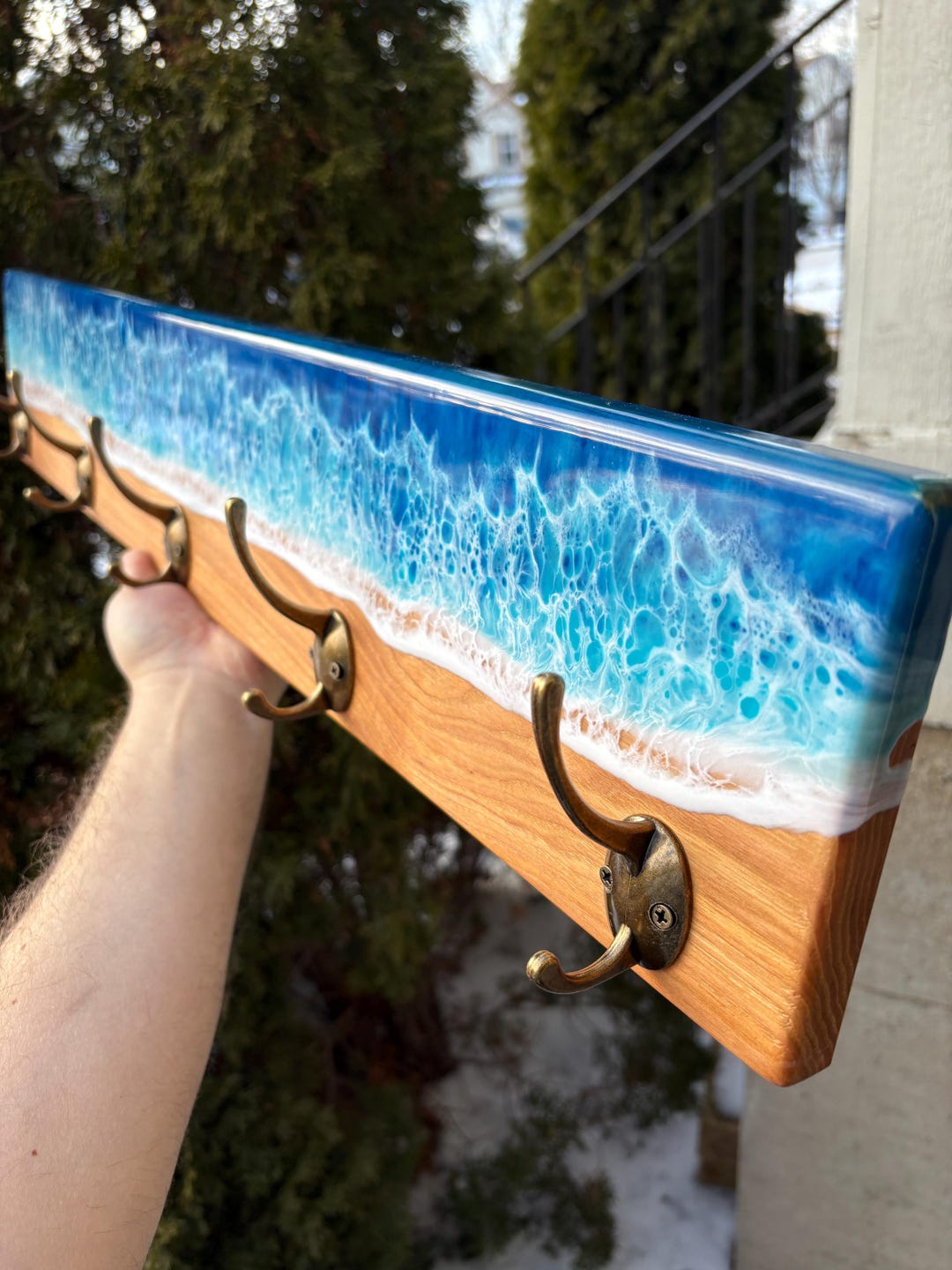 Beach Rack Plastic Epoxy Ocean Coat Rack – Handmade Beach Wall Hook Rack With Bronze Hooks ...