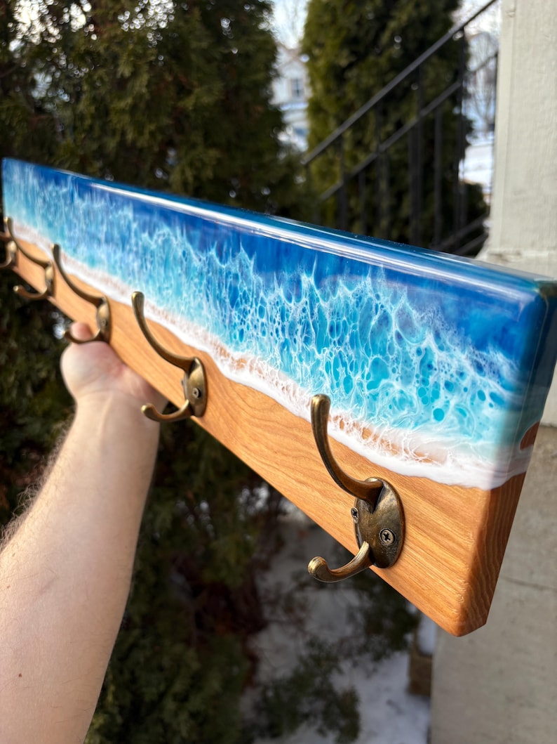 Coast Wall Rack Epoxy Ocean Coat Rack – Handmade Beach Wall Hook Rack With Bronze Hooks ...
