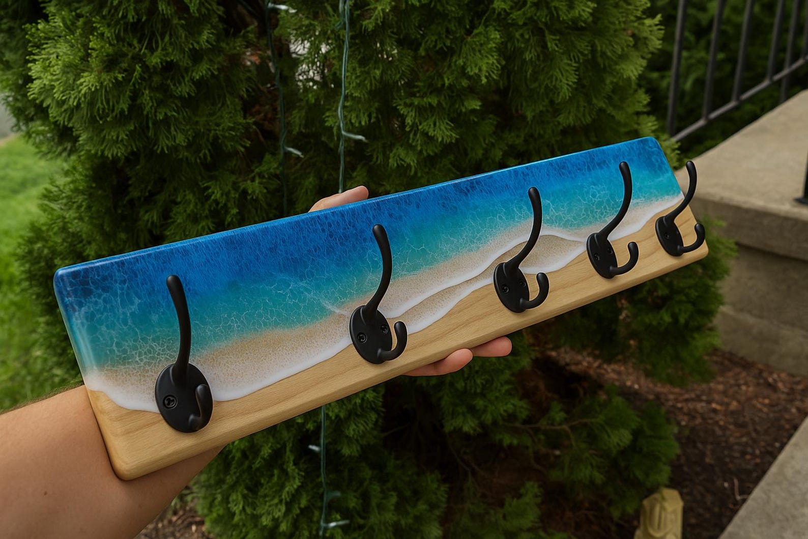 Beach Rack Plastic Handmade Epoxy Coat Rack, Ocean Wall Hooks, Pine Wood Coastal Beach ...