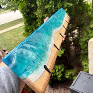 Epoxy Ocean Coat Rack – Handmade Beach Wall Hook Rack for Entryway or Bathroom Black hooks