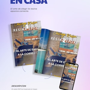 Może przedstawiać: Okładka książki z tytułem "Resina Epoxy en Casa" w pogrubionych, niebieskich literach. Okładka książki przedstawia zdjęcie pokoju z oknem i tabliczką z napisem "Chicago Resin". Tekst pod tytułem brzmi: "El arte de elegir la resina epoxica correcta."