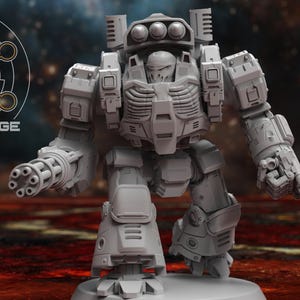May include: A gray, detailed, plastic model of a futuristic robot with a large gun and multiple cannons. The robot has a helmet with a visor and a chest plate with a detailed design.