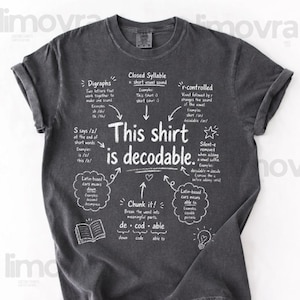 Peut inclure: Un t-shirt gris anthracite avec un texte éducatif et des schémas imprimés en blanc sur la phonétique. Le texte central indique, This shirt is decodable, entouré d'explications linguistiques comme Digraphs, Closed Syllable et Chunk it.