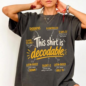 Op de afbeelding: Een antracietgrijs t-shirt met korte mouwen en gele en witte tekst die This shirt is decodable leest, omringd door taalkundige labels zoals Digraphs, R-Controlled, Closed Syllable, Latin-Based, Silent-E en S Says /Z/.