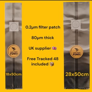 May include: Two clear plastic bags with a filter patch, a black stripe down the centre, and a round label that says "Farm Fresh Fungi". The bags are 18x50cm and 28x50cm. The text "0.2µm filter patch", "80µm thick", "UK supplier", "Free Tracked 48 included" is printed on a yellow background.