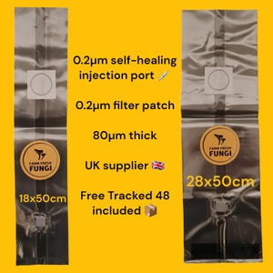 May include: Two clear plastic bags with a black stripe down the centre. The bags are labelled "Farm Fresh Fungi" and have a 0.2µm self-healing injection port, a 0.2µm filter patch, and are 80µm thick. The bags are available in two sizes: 18x50cm and 28x50cm. Free tracked 48-hour shipping is included.