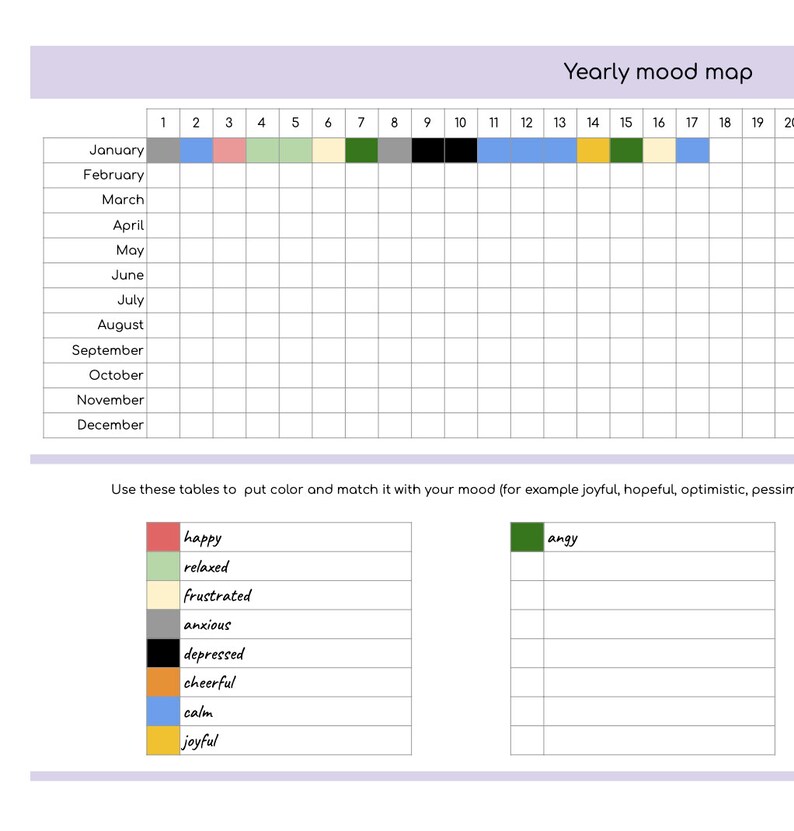 Printable Yearly Mood Tracker Self Care Add You Own Colours and Codings ...