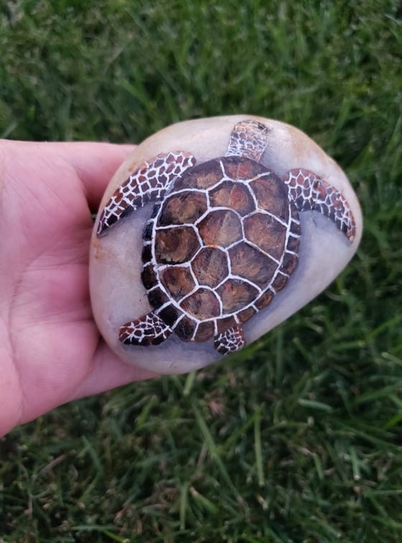 Pebble Painted sea turtle Hand Painted Stone with acrylics and finished image 1