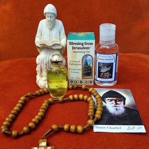 Statue du bienheureux Saint Charbel + huile d'onction de cèdre du Liban + eau bénite + chapelet + carte d'icônes cadeau gratuit