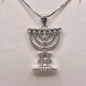 925 Sterling Silver Menorah Necklace,Menorah Pendant,Zirconia Pendant,Jewish Jewelry,Jewish Necklace, Star Of David Pendant,Judaica Jewelry