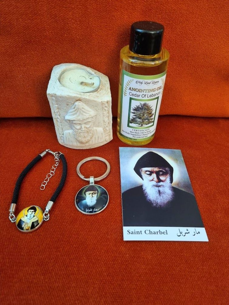 St. Charbel Candle Holder+ Oil+key Chain+bracelet+ Icon Card Free Gift ...