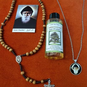 St. Charbel Blessed pendant +Cedar anointing oil+Olive wood rosary+ icon card free gift Charbal