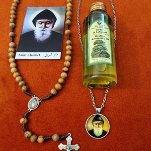 St. Charbel Gezegende hanger + ceder zalfolie + olijfhout rozenkrans + icon card gratis cadeau Charbal