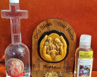Handmade Olive Wood Holy Family Stand, Holy Water & Anointing Oil
