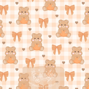 Fall Gingham Teddy Bear Seamless Pattern,  Autumn Seamless Pattern for Wallpaper and Sublimation Design, Gingham Pattern , Commercial Use