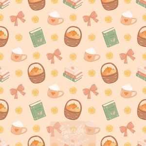 Peut inclure: Un motif répétitif sur fond pêche clair illustrant des paniers en osier marron remplis de citrouilles orange, des livres verts intitulés Autumn Tales, des tasses avec de la crème fouettée et des cœurs, des nœuds roses et des fleurs jaunes.