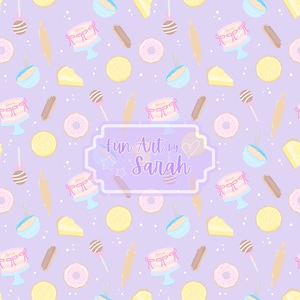 May include: A repeating pattern of baked goods and baking tools on a light purple background. The design includes cakes, donuts, cake pops, rolling pins, and bowls. The text "Fun Art by Sarah" is in a decorative frame.