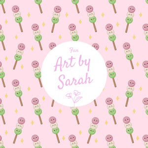 Może przedstawiać: Różowe tło z powtarzającym się wzorem trójkolorowych szaszłyków dango z uśmiechniętymi twarzami. Obraz zawiera również tekst "Fun Art by Sarah" w białym okręgu, z małymi żółtymi kształtami diamentów.