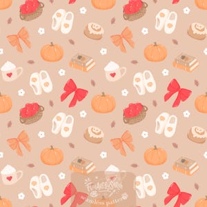 Peut inclure: Un motif répétitif sur fond brun clair avec des illustrations de citrouilles orange, nœuds rouges, chaussons blancs, tasses à cœur, paniers de pommes rouges, piles de livres et petites fleurs blanches. Le texte indique FunArtBySarah.
