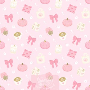 Pink fall seamless pattern, coquette pumpkins and bows, digital paper for sublimation, tumblers, bookmarks