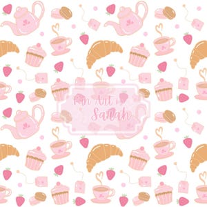 Könnte beinhalten: Ein sich wiederholendes Muster aus rosa Teekannen, Teetassen, Cupcakes, Croissants, Erdbeeren und Makronen auf weißem Hintergrund. Der Text "Fun Art by Sarah" befindet sich in einem rosa Rahmen.