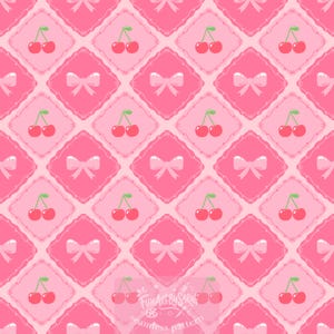 Coquette Cherry Seamless Pattern, Pink Bows Digital Paper, Pastel Aesthetic Fabric Design, Cherry Pattern for Sublimation, Commercial Use