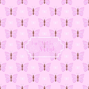 Peut inclure: Fond rose avec un motif répétitif de papillons roses et de petits papillons blancs. L'image comprend le texte "Fun Art by Sarah" dans un cadre blanc.