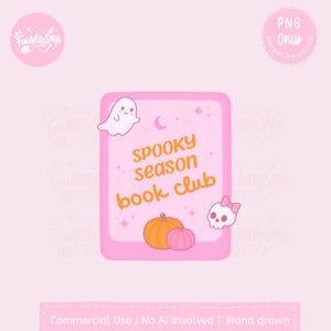 Peut inclure: Un graphique rectangulaire rose avec le texte orange SPOOKY season book club. Le design comprend un fantôme blanc, une citrouille orange, une citrouille rose, un crâne blanc avec un nœud rose, un croissant de lune et des petites étoiles sur fond rose.