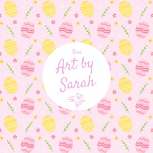 Könnte beinhalten: Ein rosa Hintergrund mit einem sich wiederholenden Muster aus gelben und rosa Ostereiern, grünen Zweigen und kleinen gelben Blumen. Der Text "Fun Art by Sarah" befindet sich in einem weißen Kreis.