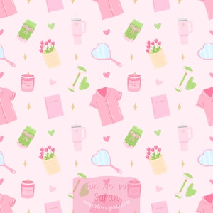 Peut inclure: Un motif répétitif sur fond rose clair illustrant des pyjamas roses, des gobelets verts avec des nœuds roses, des miroirs en forme de cœur, des bougies roses, des rouleaux de jade, des outils gua sha, des carnets roses et des tulipes roses.