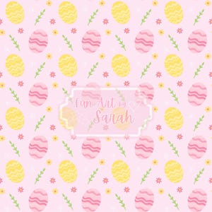 Può includere: Un motivo ripetuto di uova di Pasqua, fiori e ramoscelli su sfondo rosa. Le uova sono gialle e rosa con linee ondulate. Il testo "Fun Art by Sarah" è in una cornice bianca.