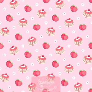 Peut inclure: Un motif répétitif sur fond rose clair représentant des piles de pancakes avec du sirop rouge et une touche de crème blanche, accompagnées de fraises rouges et de petites fleurs blanches à cinq pétales dispersées partout.
