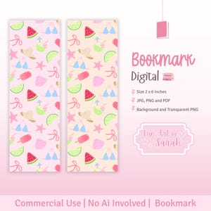 Puede incluir: Dos marcapáginas digitales verticales con un patrón veraniego de rodajas de sandía, tops de bikini azules, sombreros de paja, limas, polos rosas y estrellas de mar sobre fondo rosa claro. El texto incluye Bookmark Digital y medidas.