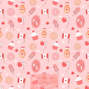 Peut inclure: Un motif répétitif sur fond rose clair représentant des drapeaux canadiens, des feuilles d'érable, des bouteilles de sirop d'érable, des beignets, des cupcakes, des ballons et des cadres ovales avec des nœuds. Le texte "Fun Art by Saran" est visible.