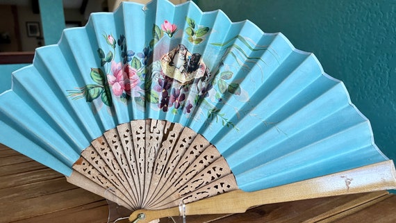 Vintage Ladies Hand Folding Fan - Painted Fan Pap… - image 2