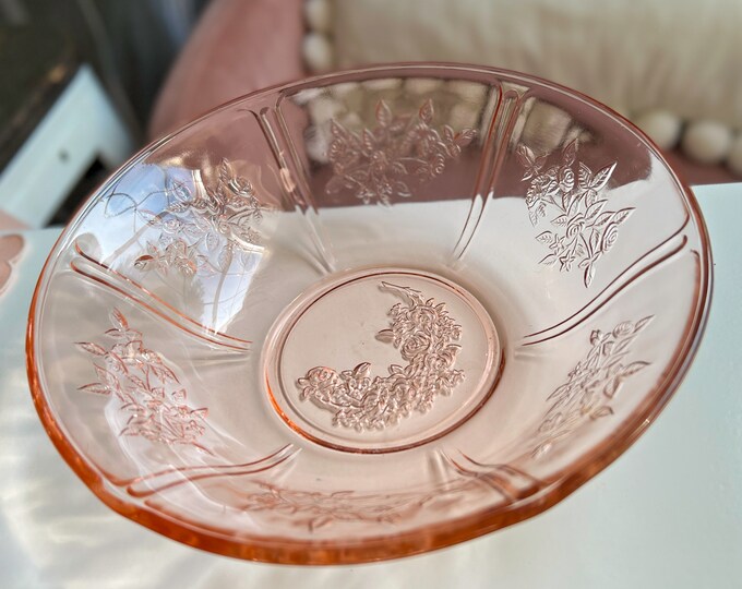 Vintage Sharon Pink Depression Glass Cabbage Rose Serving Bowl Etsy