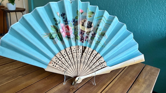 Vintage Ladies Hand Folding Fan - Painted Fan Pap… - image 1