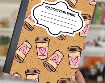Printable Composition Notebook Cover PNG | Brown Speckled Coffee Cup with Pink Heart | Cozy Coffee Lover Digital| Back to School| 6.9”x10”