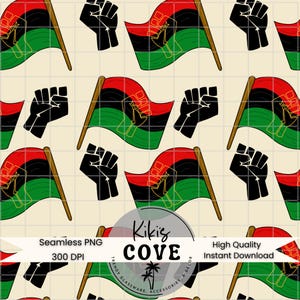Black Pride Seamless Pattern PNG – Pan-African Flag & Black Power Fist Design Juneteenth Digital Download – 300 DPI, Hand Drawn | Scrapbook