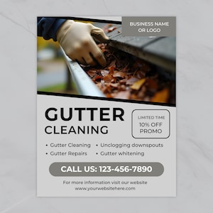 May include: A flyer for gutter cleaning services. The image shows a gloved hand removing leaves from a gutter. Text includes "Gutter Cleaning," a phone number, and a website address. A limited-time 10% off promo is also advertised.