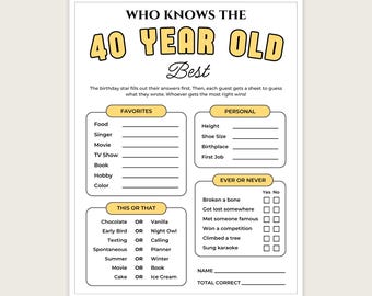 40e verjaardag: wie kent het beste spel van 40 jaar oud (afdrukbaar)