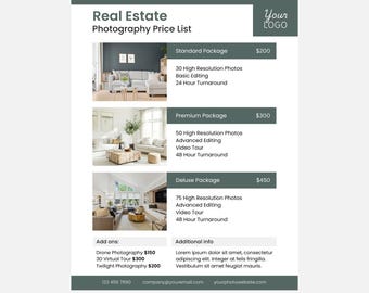 Real Estate Photography Price List, Price Menu, Canva Template