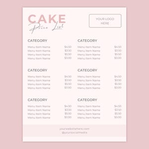 Kuchen Preisliste Vorlage, Bäckerei, Gebäck, Leckereien, Kuchengeschäft, Pink, bearbeitbare Canva