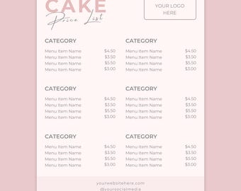 Cake Price List Template, Bakery, Pastry, Treats, Cake Business, Pink, Editable Canva