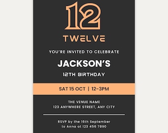 12th Birthday Invitation Boy Invite, Birthday Party, Editable Canva Template
