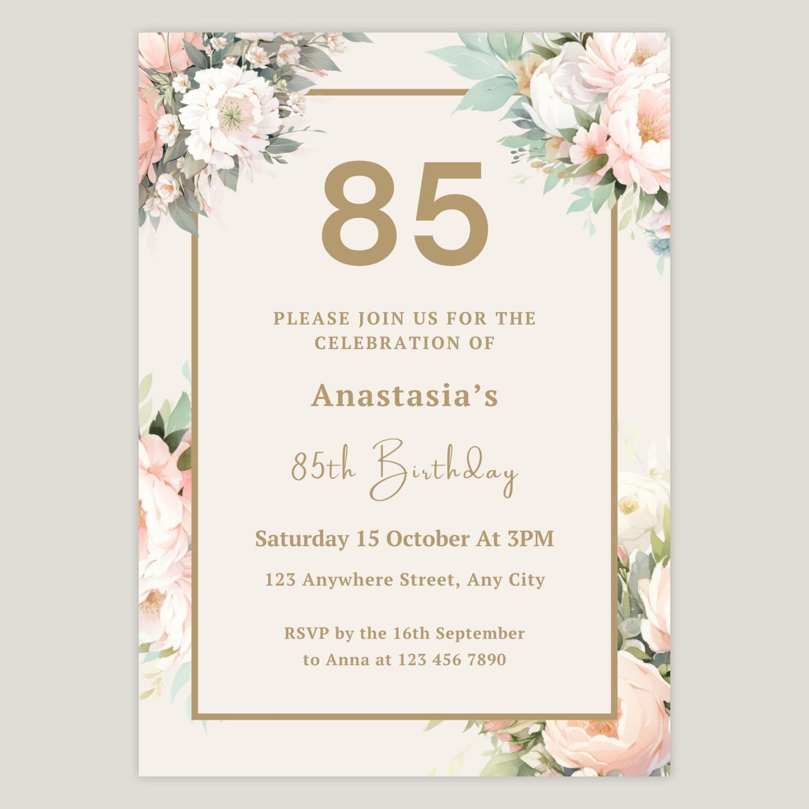 85th Birthday Party Invitation for Women, Floral, Editable Canva ...