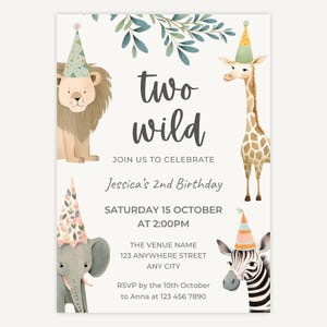 Zwei wilde zweite Geburtstagseinladung, Safari Zoo Geburtstagseinladung, Dschungeltiere, 2. Geburtstag, bearbeitbare Canva Vorlage