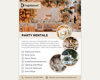 Party Rentals Flyer, Party Equipment, Event Decor Flyer, Party Decor, Event Supplies, Party Planning, Canva Editable Template