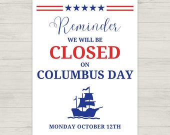 Afdrukbaar bord gesloten voor Columbus Day (canvasjabloon)